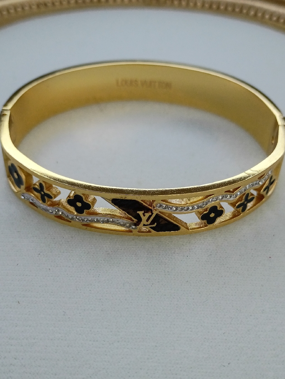 New Gold Tone and Black Monogram Crystal Wave Bangle Fashion Jewelry - Picture 2 of 5